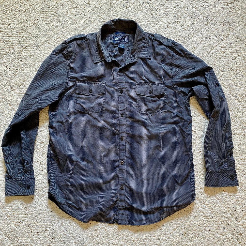 American Rag Gray Striped Military Style Shirt w/ Epaulets, Size Large